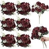 Wavwavw 6 Pcs Artificial Peony Silk Florals Fake Mix Silk Peony Rose Faux Flower Hydrangea Bouquet Elegant Realistic Wedding Floral Centerpiece for Home Party Table Arrangement (Red)