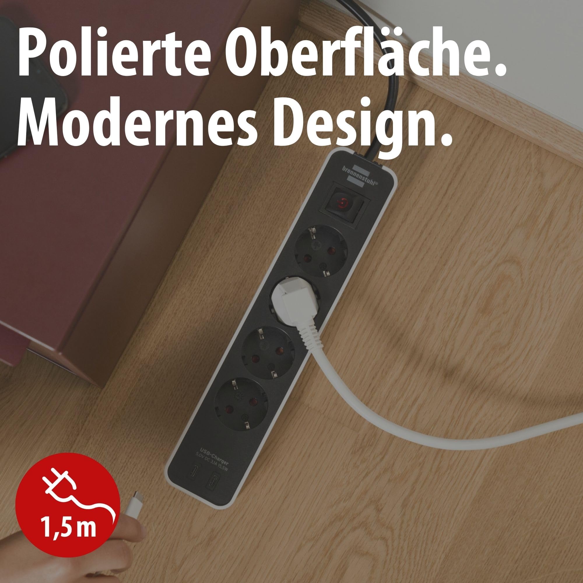 Brennenstuhl Ecolor Steckdosenleiste 4-Fach mit USB-Ladebuchse (Mehrfachsteckdose mit 2X USB C, Schalter und 1,5m Kabel) weiß/schwarz 2