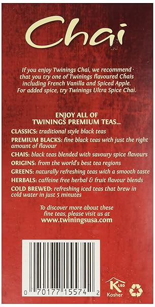 TWININGS CHAI BLACK TEA INDIVIDUALLY WRAPPED BAGS, 20 COUNT (PACK OF 1), SWEET, SAVOURY SPICES, CAFFEINATED, ENJOY HOT OR ICED, 20 TEABAGS