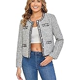 Csvinkiko Women's Tweed Blazers Cropped Long Sleeve Crewneck Open Front Lace Trim Lightweight Plaid Work Business Jackets