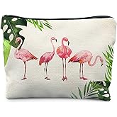 KBRCT Tropical Pink Flamingo Makeup Bag for Women, Flamingo Gifts for Women, Beach Coastal Cosmetic Bag for Purse, Palm Monstera Tropical Leaves Makeup Zipper Pouch