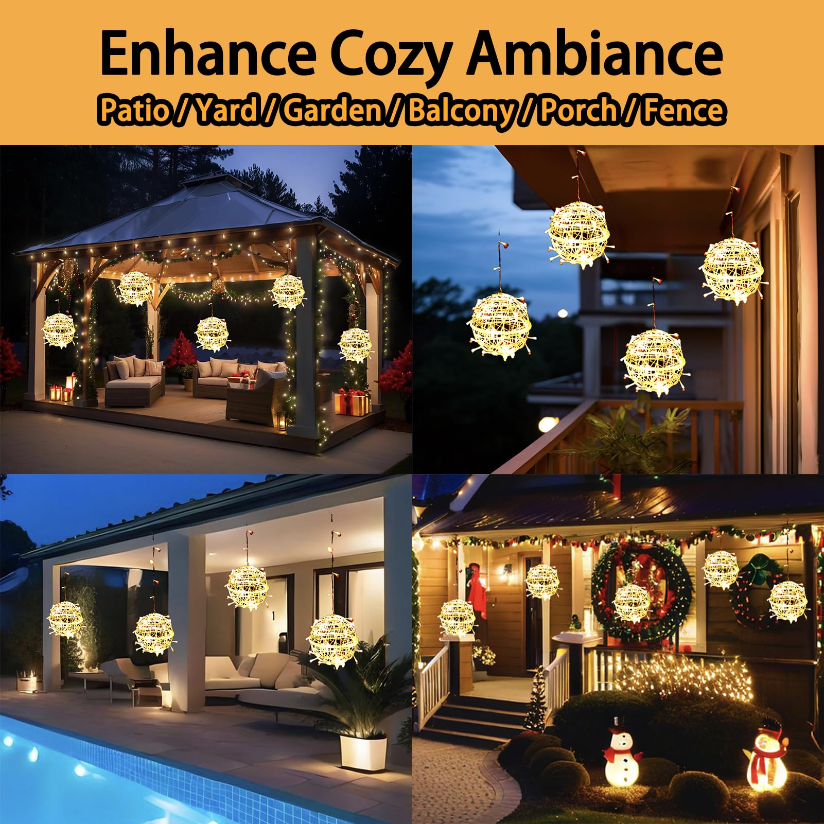 WISEgham Christmas Solar String Lights Outdoor, 5Pc 200LED 32.8ft Solar Powered Globe Fairy Lights Waterproof, 8 Modes Ball Lights Outside for Tree Garden Yard Porch Lawn Holiday Decor, Warm White