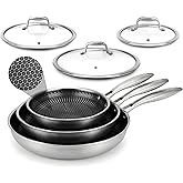 NutriChef 6-Piece Tri-Ply Stainless Steel Frying Pan Set – 8", 10", 12" Non-Stick Skillets with Lids, Induction Compatible, Oven Safe, Scratch-Resistant, Dishwasher Safe