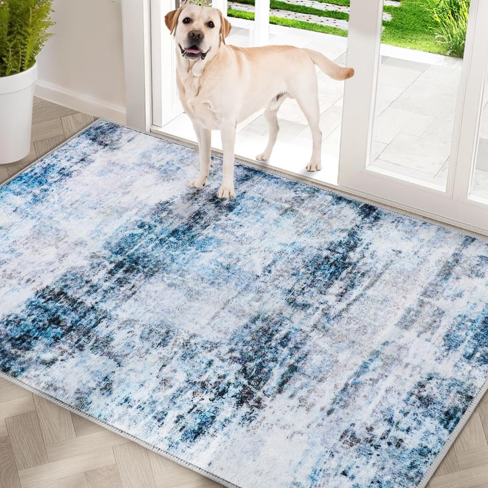 Photo 1 of COMSLE Door Mat, Front Door Mat Indoor for Entrance Faux Wool Absorbent Non Slip Modern Throw Rug for Entryway Hallway Muddy Paws - Pet Friendly, 32x48 Inches,Smashing Blue Machine Washable