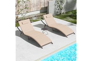 Kullavik Lounge Chair for Outside,3 Pieces Chaise Lounge Outdoor Folding Pool Lounge Chairs Including Table Rattan Patio Furniture Set,Khaki