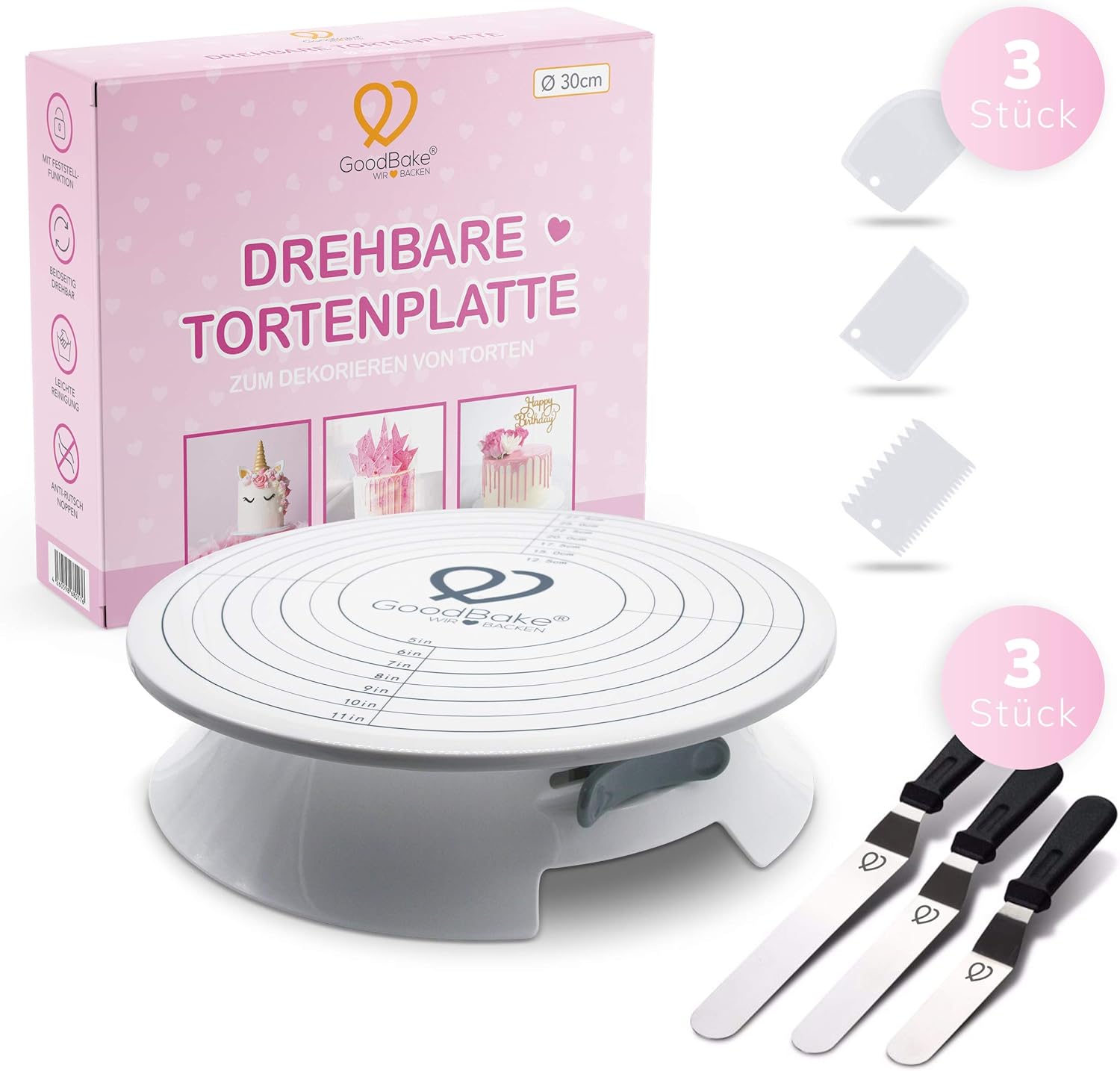 GoodBake drehbare Tortenplatte zum Dekorieren von Kuchen & Torten inkl. 3 Winkelpaletten und 3 Teigkarten, mit Feststellfunktion, Kugellager