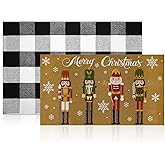 Kuabiz 2 Pcs Christmas Welcome Doormats 30 x 17 Inch Christmas Nutcracker Coir Door Mats for Front Doors Nonslip 2-in-1 Seaso