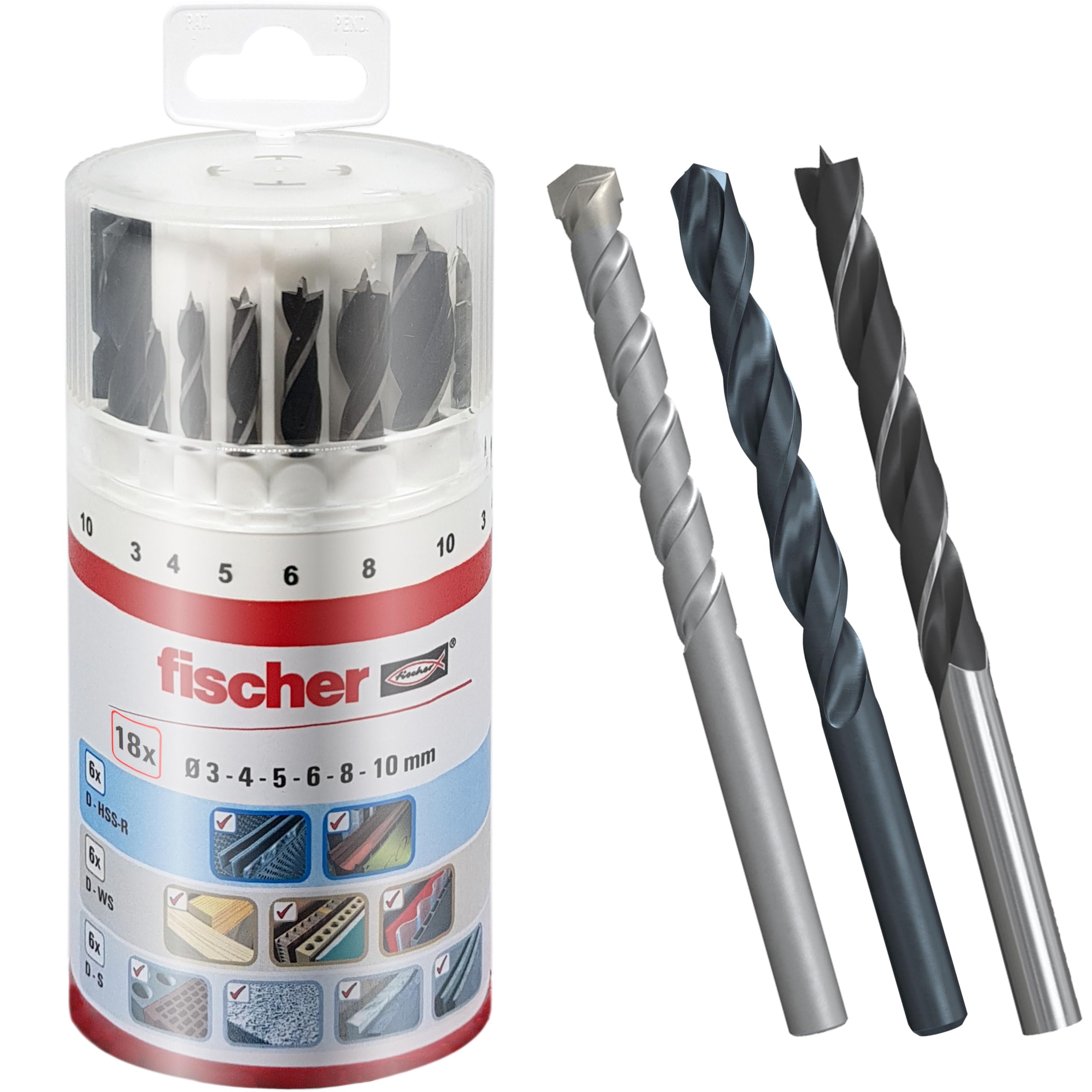 Fischer 18 Piece Professional Drill Bit Kit, Versatile for Wall, Wood, Metal, Assorted Set with Diameters from 3 to 10 mm, High Quality and Durability, for DIY and Professionals, 530667