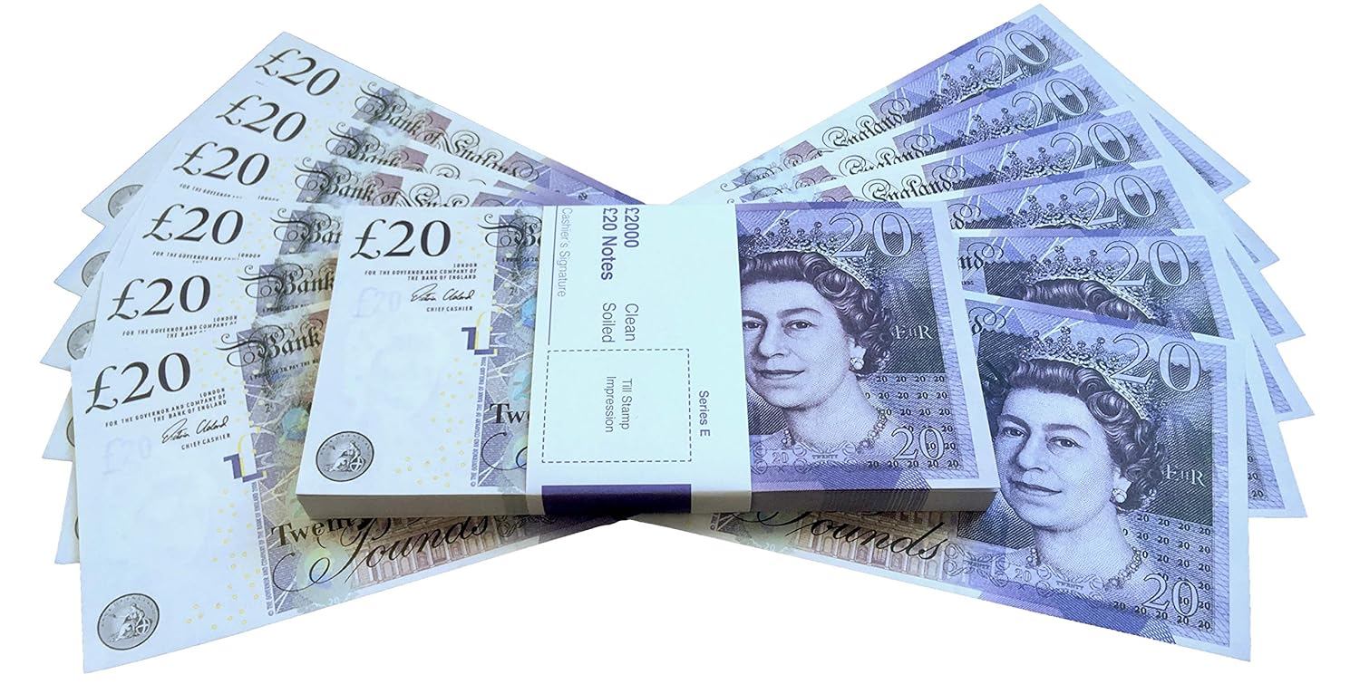 100x £20 Notes Realistic UK Pounds Movie Prop Money Look