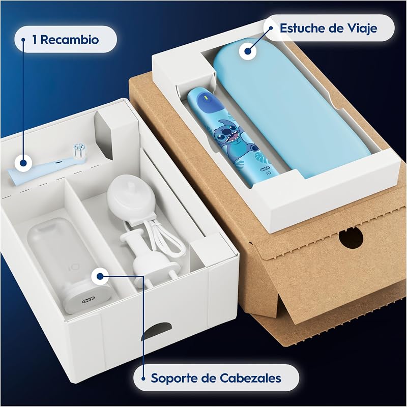 iO Kids Disney Stitch escova de dentes elétrica para crianças +6 anos, 1 cabeça, Travel Case, 3 modos com modo sensível Adequado para crianças, temporizador com música