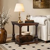 BFJDM 24.8" Farmhouse Square End Tables with 2-Tier Storage Shelf, Walnut | Vintage Wood Side Table with Carved Wood Legs, Large Accent Table for Living Room Bedroom Couch, Easy Assembly