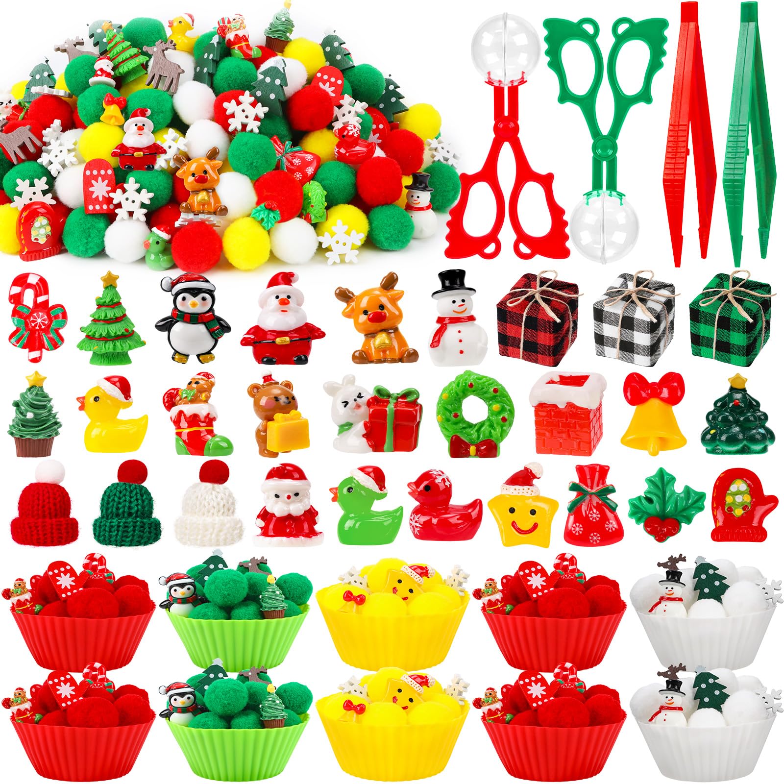 Photo 1 of 191Pcs Christmas Sensory Bin Fillers - Christmas Fine Motor Sensory Bin with Pom Poms Santa Claus Snowmen Reindeer Wooden Ornaments for Counting Sorting Training