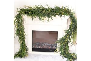 CLYCALOOR 9ft Handmade Christmas Garland,Artificial Cypress Cedar Pine Needles Greenery Seasonal Garland for Christmas Fireplace Winter Holiday Indoor Outdoor Decoration