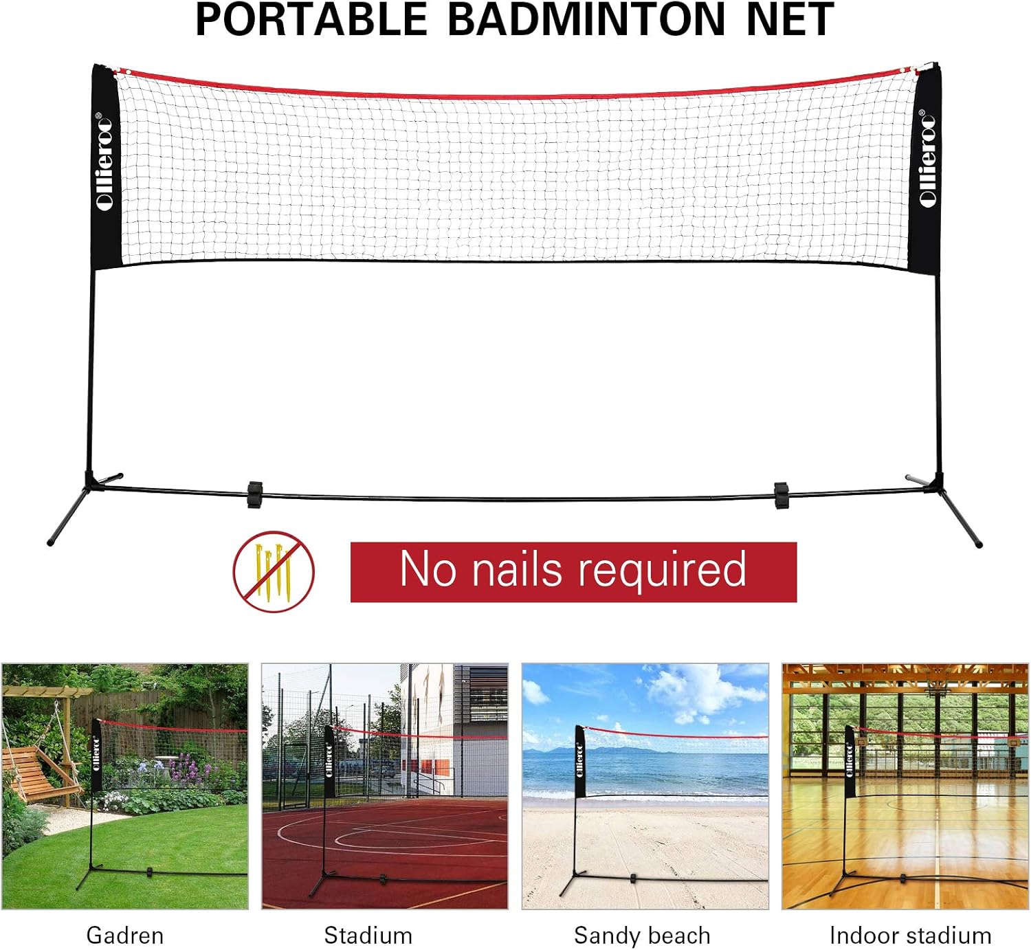 Ollieroo Portable Badminton Net Set with Stand and Carry Bag - Easy Setup PE Sports Net with Poles - for Indoor or Outdoor Court, Beach, Driveway, 10ft/14ft/17ft : Sports & Outdoors