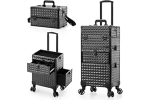AROUS Rolling Makeup Train Case on 2 Large Drawer, Multi-functional Cosmetic Trolley with 360° Swivel Wheels Keys, Large Storage Traveling Cart Trunk, Train Cases for Nail Technicians Hairstylist