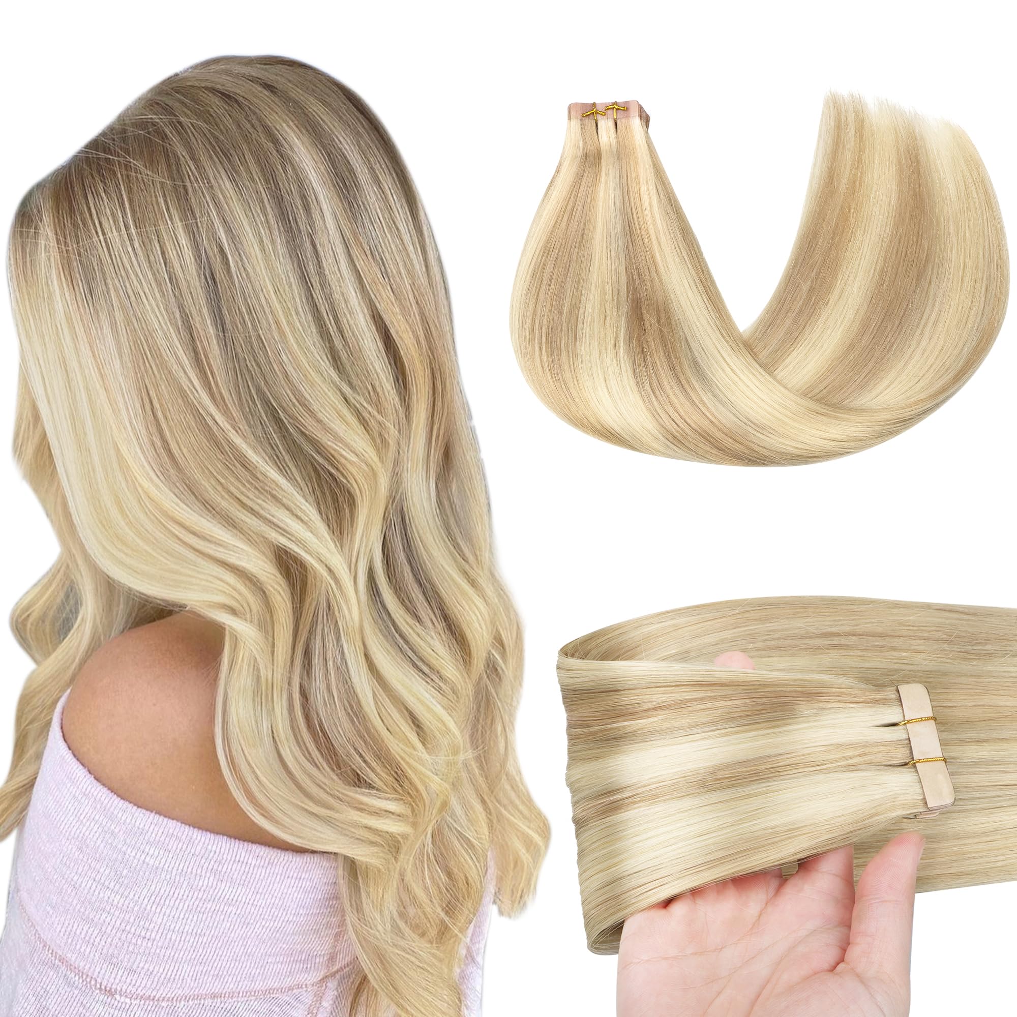 GOO GOO Tape in Hair Extensions human hair, tape Hair Extensions, 12inch 40g 20pcs, Human Hair Extensions, 18A/613A Golden Light Blonde โ image 1