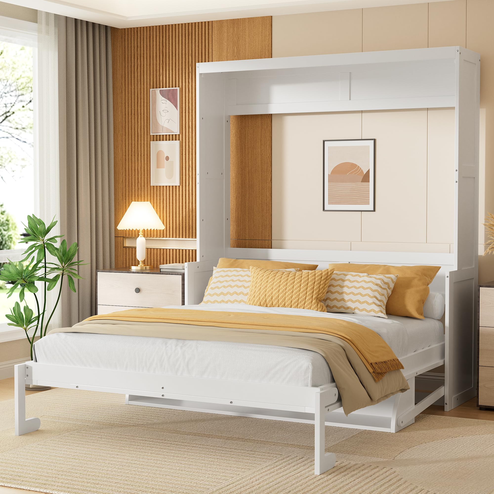 Photo 1 of ** USED / DAMAGE MINOR** PVWIIK Queen Size Murphy Bed with Storage Shelf & Support Plate for Adult,Girls,Boys,Wood Hidden Wall Bed Cabinet,Space-Saving,No Box Spring Needed, White