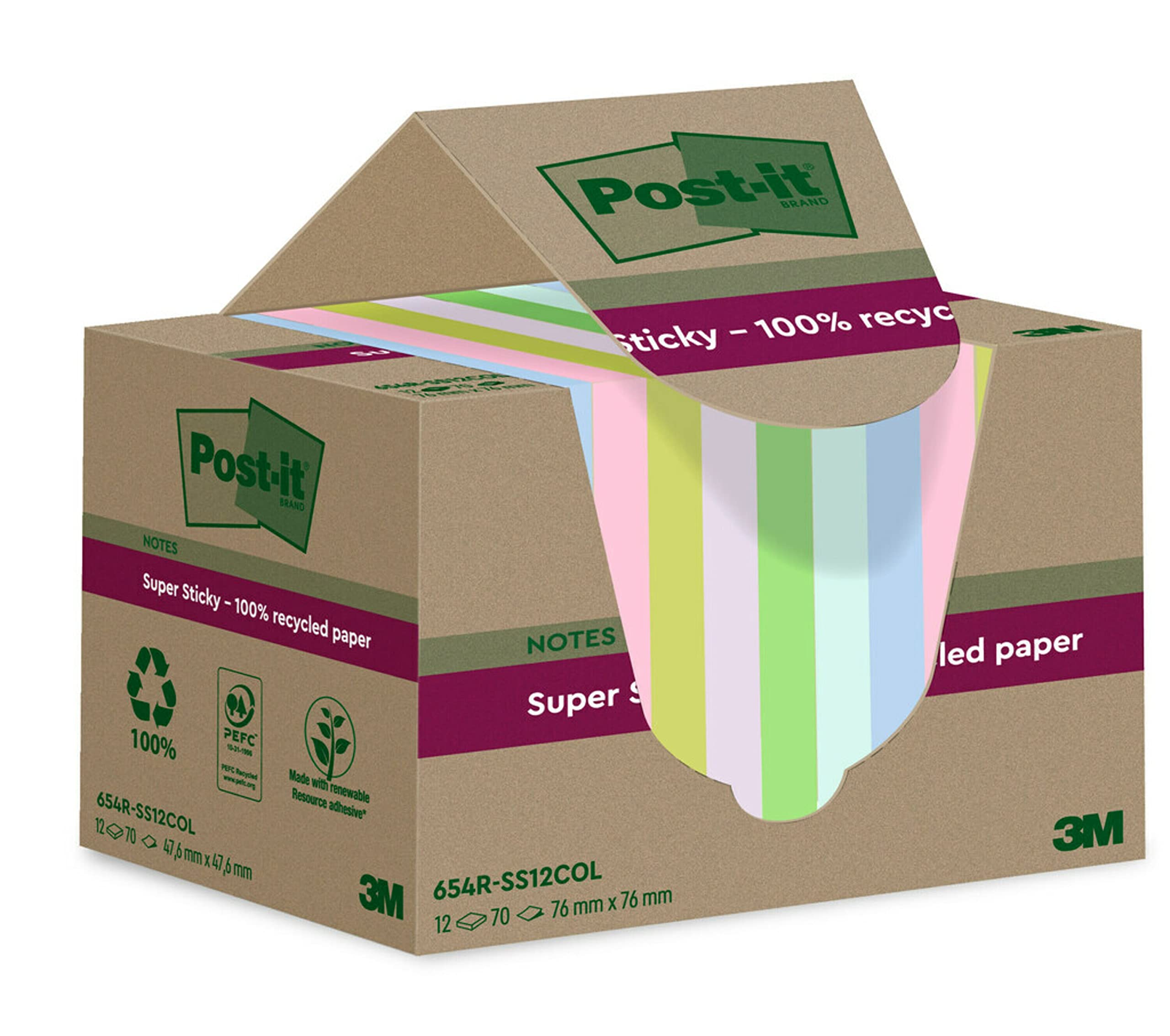 Post-it Super Sticky 100% Recycled Notes, Pack of 12 Pads, 70 Sheets per Pad, 76 mm x 76 mm, Pink, Green, Blue, Purple, Yellow - Extra Sticky Notes Made from 100% Recycled Paper