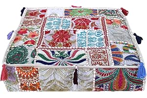 CRAFT KALA Indian Square Patchwork Traditional Pouf Cover Indian Living Room Poufs Decorative Embroidered Designer Ottoman Home Living Footstool Chair Cover Ottoman Decor (Off White, 22x22x5 inches)