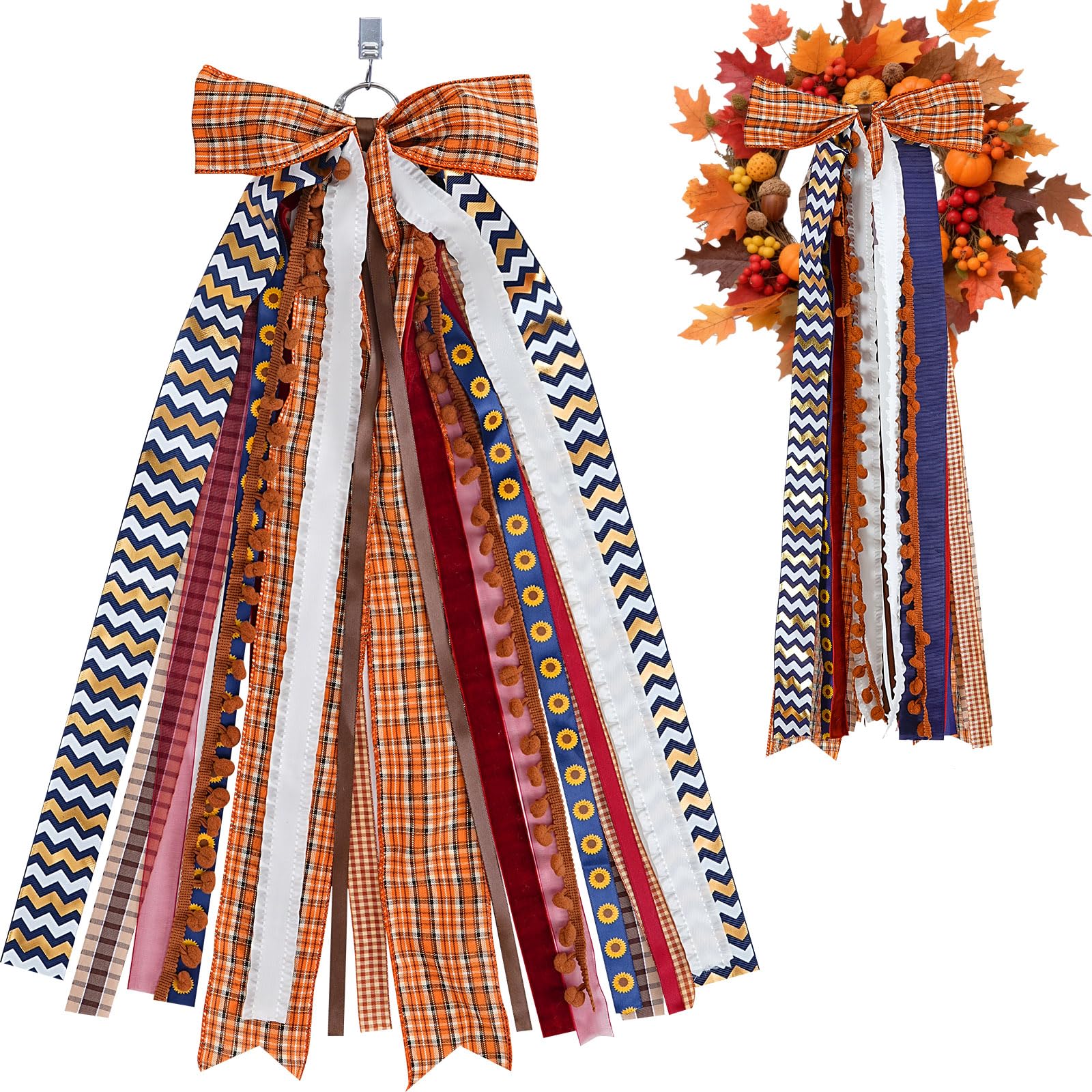 Photo 1 of **2 pack**Classic Ribbon Wreath Sash Brown Buffalo Plaid Fabric Ribbons Bow Clip-on Wreath Sash Ribbons Decoration Suitable for Doors and Indoor Spaces