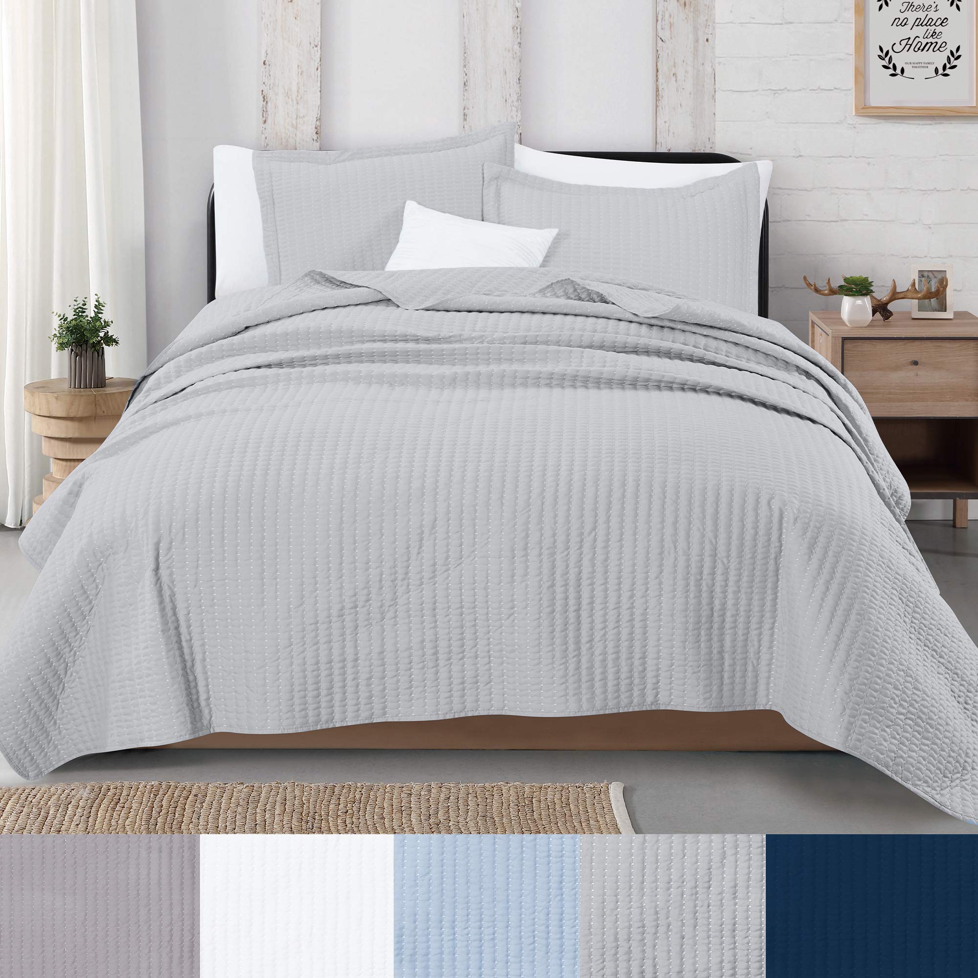 3-Piece Detailed Channel Stitch Quilt Set with Shams. Light Gray King Quilt Set, All Season Bedsprea