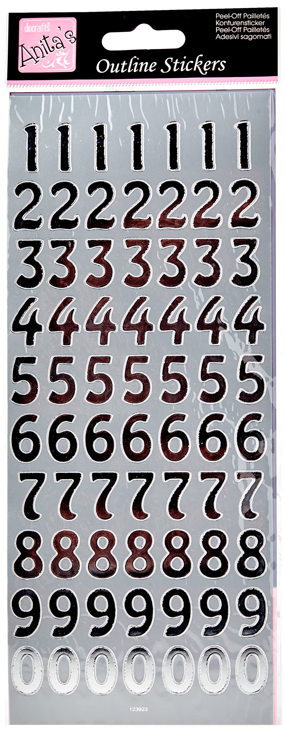Anitas Outline Stickers, Large Numbers, Silver, For Scrapbooking, Card Making, Kids Play, Homework, Art, Craft, Embelish, Decorative, Paper, Card, Glass, Metal, Plastic, Foam