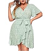Floerns Women's Plus Size Floral Print Short Sleeve V Neck Ruffle Wrap Dress