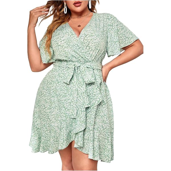 Floerns Plus Size Tropical Dress With Flounce Sleeves & Tie Front - A-Line Holiday Party, Beach & Vacation Outfit - View #5