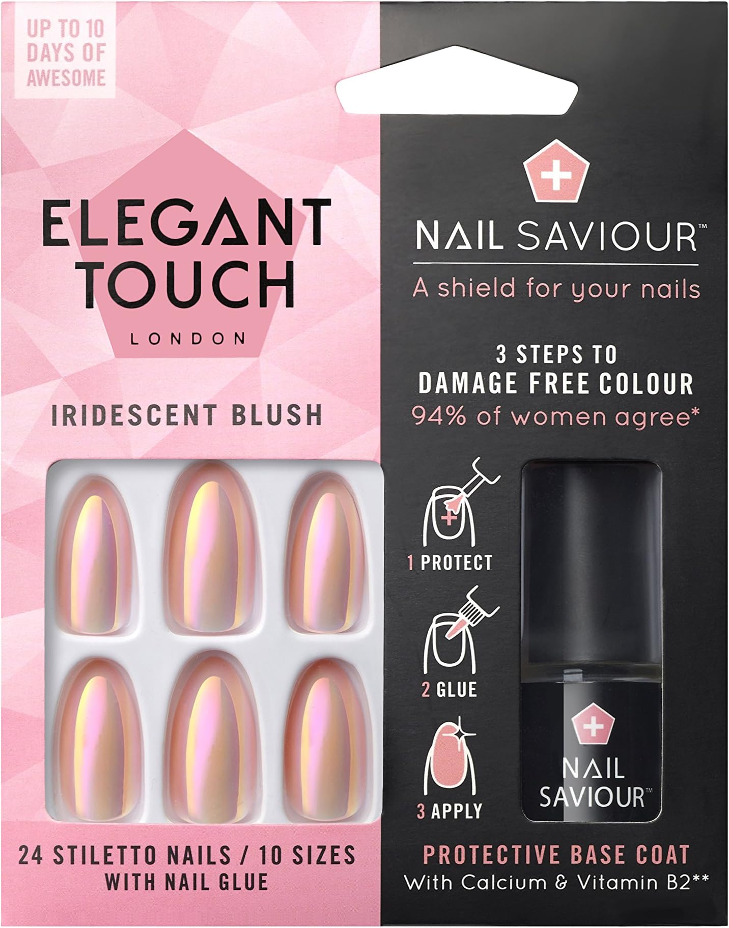 Elegant Touch with Nail Saviour & Nail Glue, False Nails (24 Nails)- Iridescent Blush