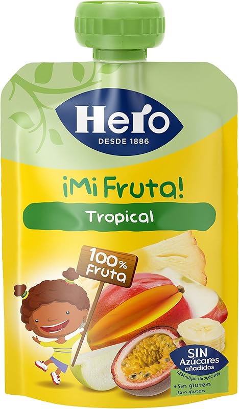 Hero - sachês de frutas tropicais, sem conservantes ou corantes, óleo de palma, glúten ou açúcares adicionados, para bebês a partir dos 12 meses - embalagem de 18 x 100 g