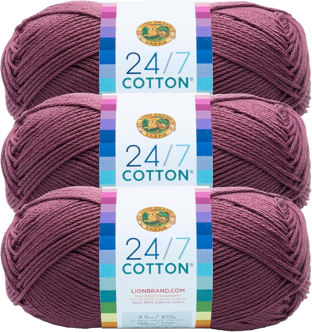 Lion Brand 24/7 Cotton Yarn Lilac Triple 3 Pack 185 yd 3.5 oz Each