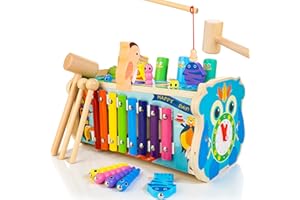 WOODMAM Montessori Toys for 1 Year Old, 7-in-1 Wooden Hammering Pounding Toy with Xylophone and Magnetic Fishing Game, Educational Gift for Boys and Girls 1 Year Old