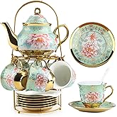 20 Pcs Porcelain Tea Set with Metal Holder and Spoon, European Ceramic Tea Set for Adults, European Flower Painting Teapot Cup Saucer Spoon Set for 6, Gift Pack