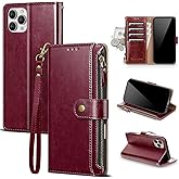 Scutumate Compatible with iPhone 16 Pro Max Wallet Case with Card Holder RFID Blocking Zipper PU Leather Flip Phone Case with Wrist Strap Credit Card Slots Men Women,for Apple 16 Pro Max,Wine Red