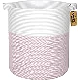 COMFY-HOMI XXL Large Laundry Basket with Handles Blanket Baskets Living Room|Woven Cotton Rope Decorative Basket Laundry Hamper Baby Basket Nursery Dog Toy Storage Organizer Bin-16”x18”-White/Pink