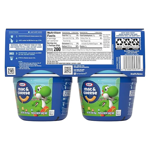 KRAFT MAC & CHEESE MICROWAVABLE DINNER WITH SUPER MARIO POWER-UP PASTA SHAPES, 4 1.9 OZ CUPS