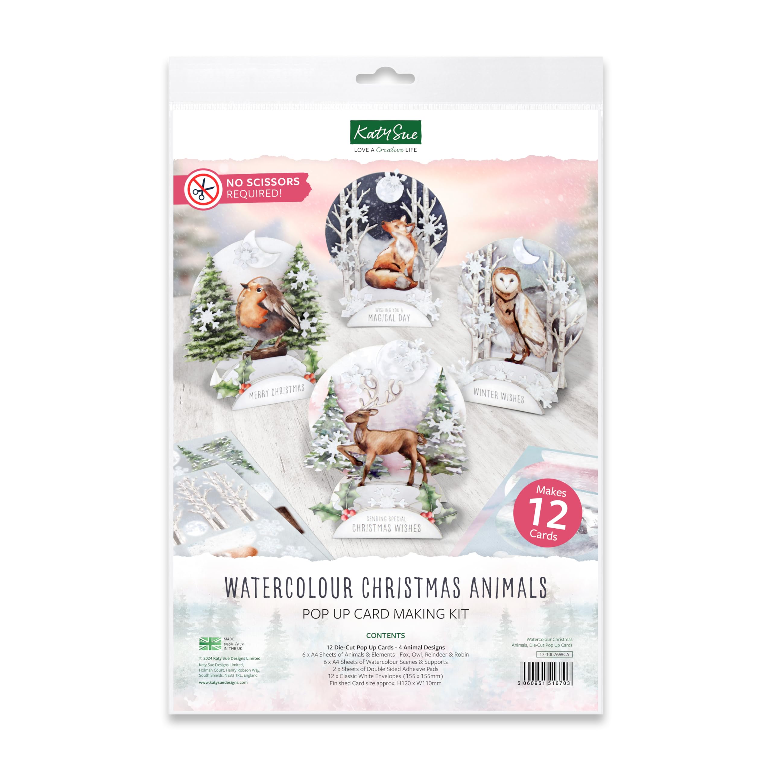 Katy Sue Watercolour Christmas Animals Die-Cut Pop Up Cards. Contains 12 Cards, Images of Robin, Reindeer, Fox & Owl, Supports, Sticky Foam Pads & 12 Envelopes. Finished Size 120 x 110 Millimetres