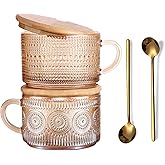 JVJRFQ Vintage Glass Coffee Mugs Set of 2 Amber, Embossed Tea Cups with Bamboo Lids and Spoons, 14 Oz Glass Breakfast Cups fo