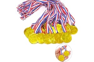 BoAn 36 Pieces Gold Plastic Winner Award Medals, Birthday Present for Kids, White and Blue Ribbon for Games Competitions, Sports, Tournaments, Competitions and Party Decorations, 1.4 x 1.7 Inches