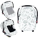Summer Muslin Car Seat Cover Baby Girls Boys,Infant Carseat Covers with Breathable Window,3 Adjustable Modes, Lightweight Car Seat Sun Shade Cover for Babies,Green Leaf