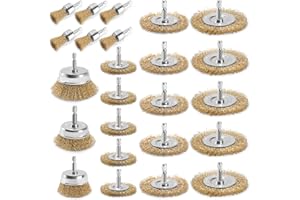 POLIWELL 24 Pack Wire Wheel Brush for Drill, Carbon Steel Bristles Wire Cup Brush Set Coarse Crimped Abrasive Brass Coated Brushes with 1/4 Inch Hex Shank for Rust Removal, Corrosion, Paint Cleaning