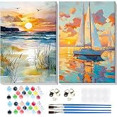Bowetile 2 Pack Landscape Paint by Numbers for Adults Beginners Framed, Beach Adults' Paint-by-Number Kits, Easy Adult Paint by Number Kits on Canvas, Acrylic Number Painting for Home Decor, 8x12in