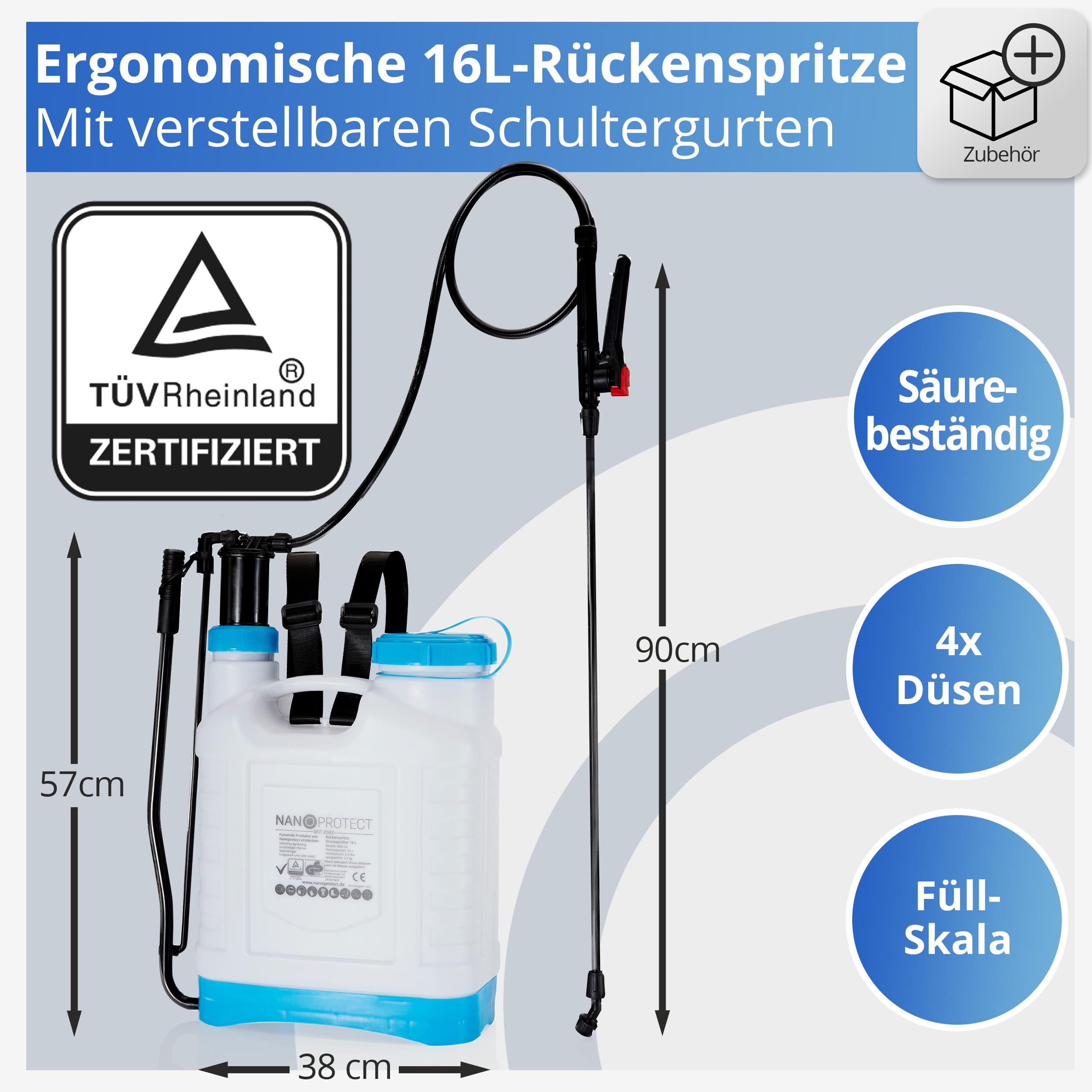 Nanoprotect Rückenspritze | 16 Liter | Leistungsstarke Gartenspritze mit 3 verstellbaren Düsen | Säurebeständig | TÜV-geprüft | Gartensprüher mit Schultergurten und extralangem Schlauch | Sprühgerät 2