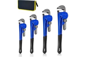 KOTTO 4 Pack Set Heavy Duty Pipe Wrench Set Heat Treated Adjustable 8, 10, 12, 14 Inches Soft Grip Plumbing Wrench Set with Storage Bag (Blue)