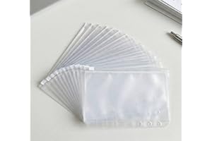 Lakshi 15 Pcs A6 Size 6-Hole Binder Pockets, Clear PVC Zipper Folders for Loose Leaf Notes, Documents & Cash, Waterproof Plas