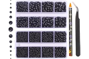 QPRETTY DU 6540PCS Black Resin Flat Back Pearls Rhinestones,Mixed Size 2/3/4/5/6/8/10mm Half Round Pearl Beads Nail Gems Rhinestone with Tweezers and Picker Pencil for Crafts Nail DIY Decoration