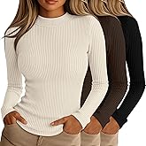 Riyiper 3 Pack Women's Ribbed Shirts, Mock Turtleneck Long Sleeve Tops Slim Fitted Undershirts Casual Basic Layering Tees