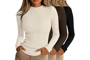 Riyiper 3 Pack Women's Ribbed Shirts, Mock Turtleneck Long Sleeve Tops Slim Fitted Undershirts Casual Basic Layering Tees
