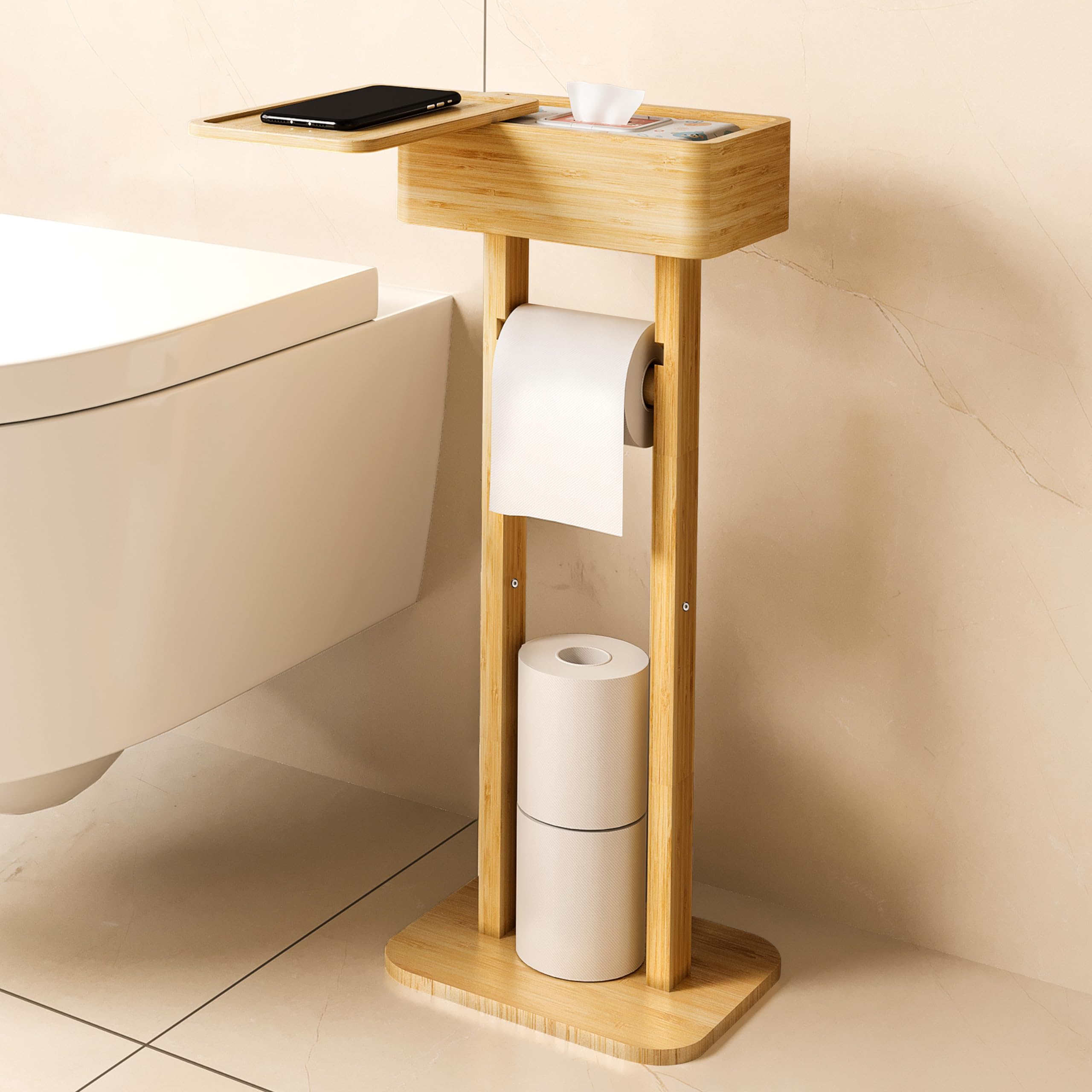 Wealone 4-in-1 Toilet Paper Holder Stand with Storage Shelf Box, 360° Rotating Bamboo Free Standing Toilet Tissue Roll, Toilet Wipes Dispenser Organizer Desktop for Bathroom Decor (Patented)