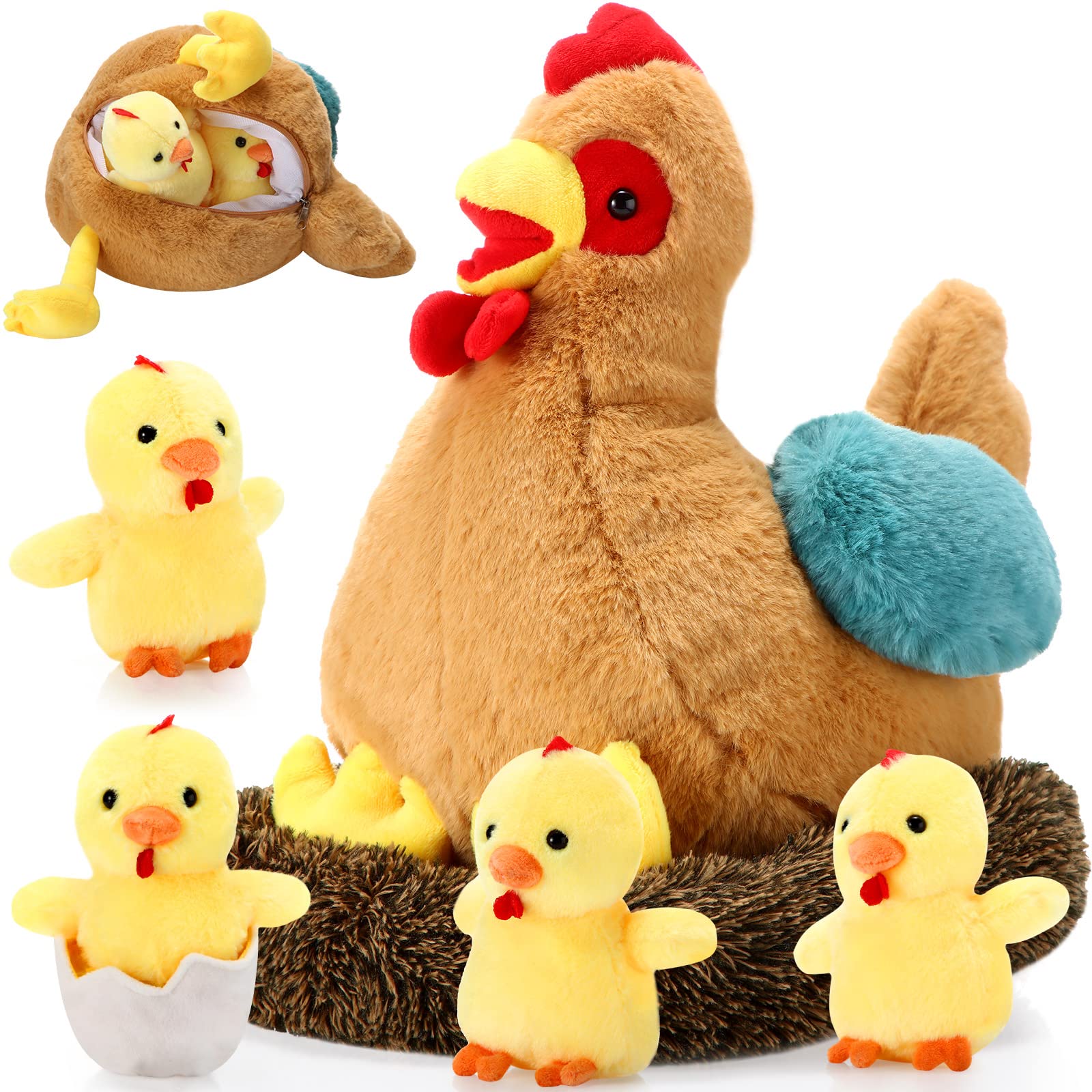 Skylety 6 Pcs Chicken Stuffed Animal with Baby Chicks Inside Chicken Plush Toy for Kids Stuffed Animal Egg Laying Hen with Zippered Belly Farm Plushie for Birthday Gift(Vivid Style)